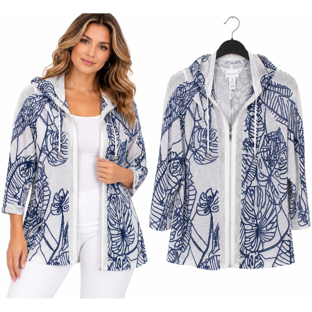 Weekends Chicos Midnight Palm Hooded Jacket Size XL Navy White Mesh Zip